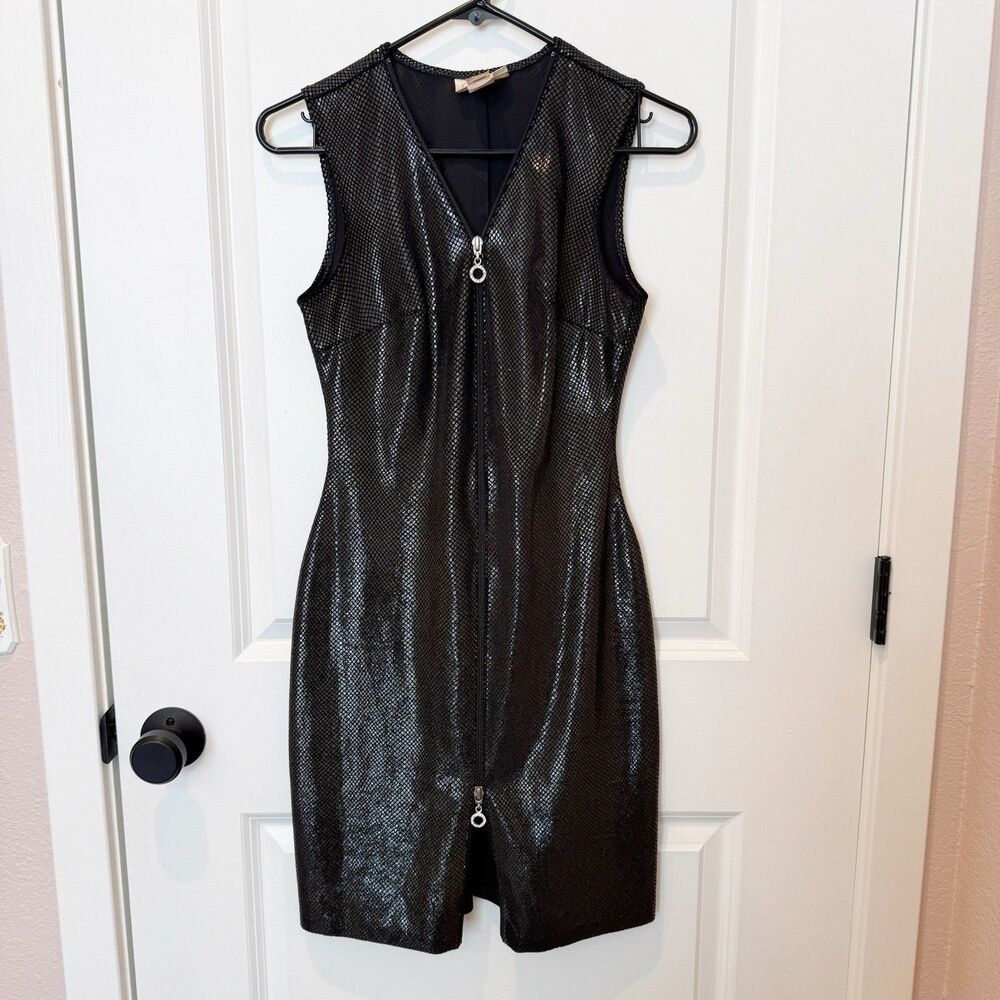Vintage Cache Y2K‎ Cyber Goth Zip Front Bodycon Dress Small Rave Matrix Stretch
